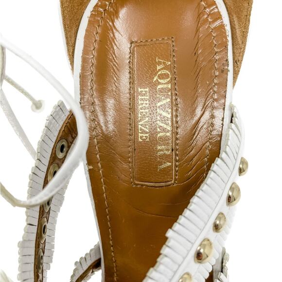 Aquazzura White Tulum Fringed Leather Studded Gladiator Sandal size 37.5 - Picture 6 of 12